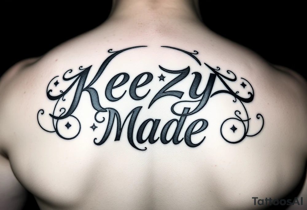 letters only fancy but rugged twisted and intertwined circular arched curvy lettering in a circular  that would be clothing brand style that says (KeezY MadE) tattoo idea