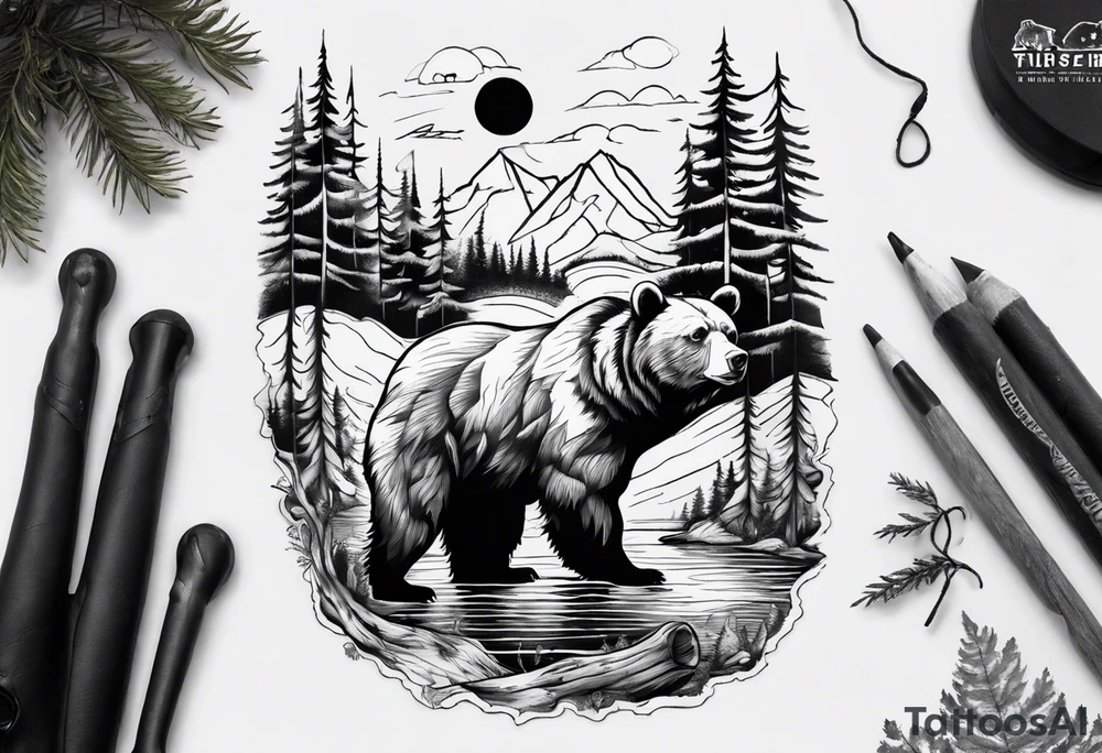 bear, forest, lake, appalachia, arm sleeve tattoo tattoo idea
