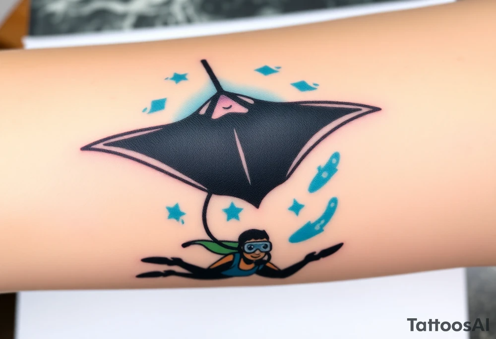 Manta ray silhouette above, scuba diver underneath, water backround tattoo idea