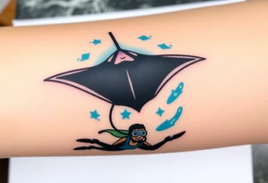 Manta ray silhouette above, scuba diver underneath, water backround tattoo idea