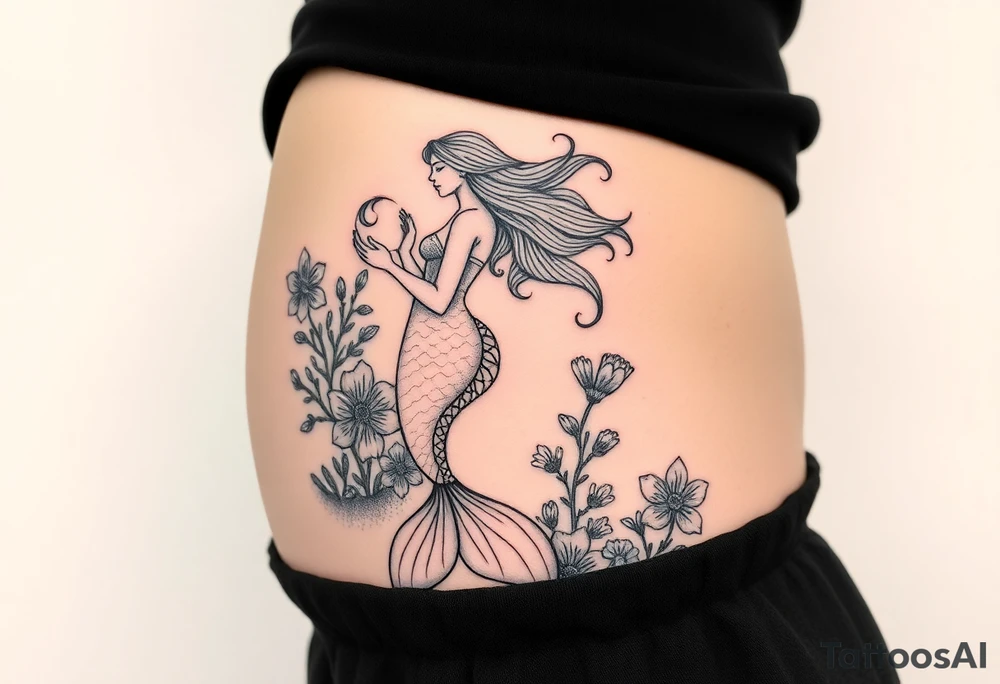 ethereal mermaid with flowing hair among coral and sea flowers tattoo idea