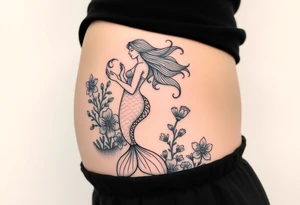 ethereal mermaid with flowing hair among coral and sea flowers tattoo idea