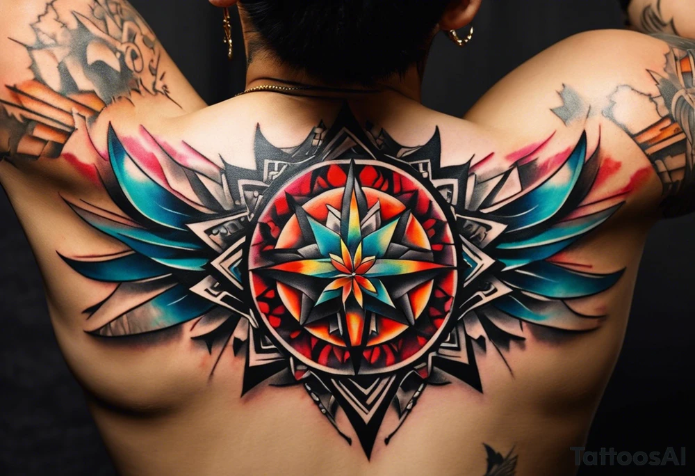 Wide tattoo that appears to be bursting out of the skin, symbolizing freedom. The tattoo should be vibrant and dynamic, with bold lines and colors that evoke a sense of liberation and empowerment. Consider incorporating elements such as broken chains, or other symbols of freedom. The tattoo should be visually striking and thought-provoking, inviting the viewer to reflect on the importance of personal freedom. tattoo idea