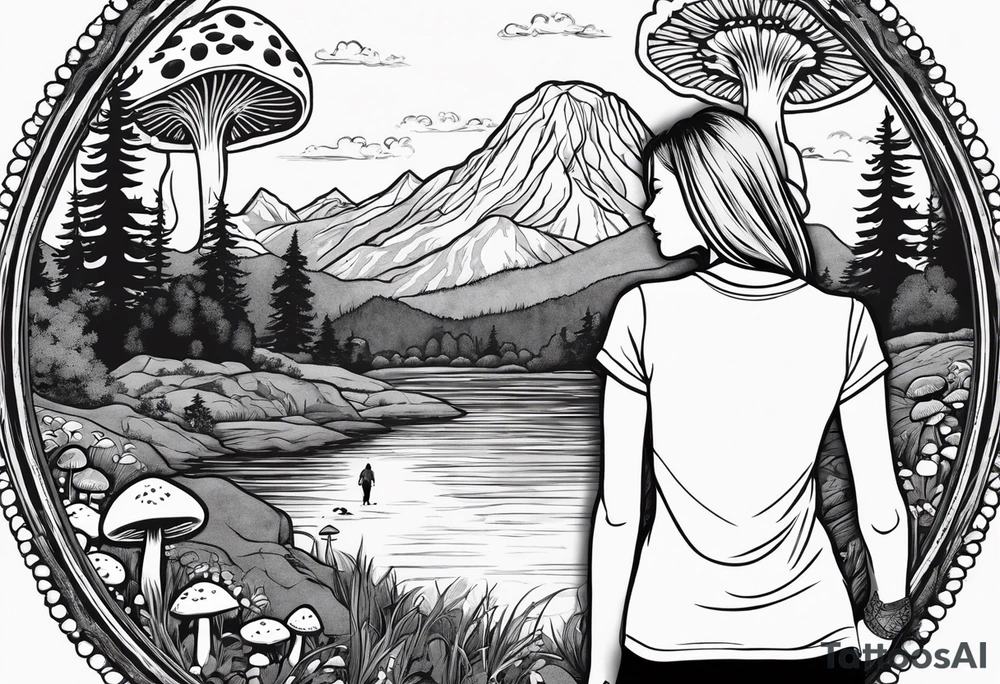 Whole picture encircled fully

Straight long blonde hair hippie girl in distance holding mushrooms in hand facing away toward mountains and creek surrounded by mushrooms tee shirt and hiking pants; whole rendering within a full circle, no cut off circle tattoo idea