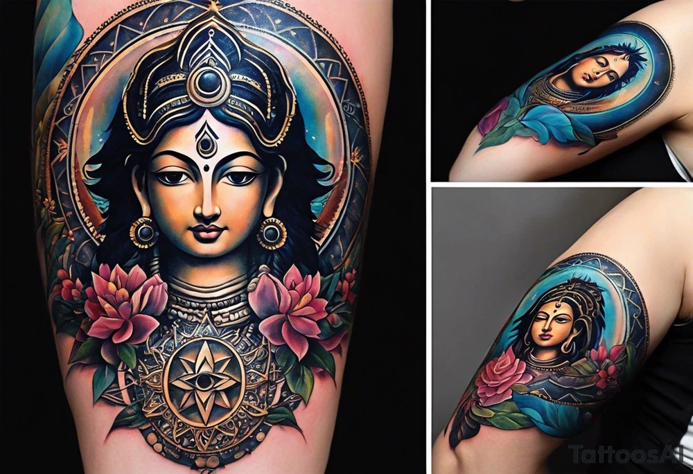 I want the sleeve to be about time space continuum, purpose, desire and ambition linked to it. I want the concept to me about how Miniscule we are in this universe but how we feel big and lose perspective and a sense of purpose. I also want Shiva to be added to the tattoo as shiva is considered the destroyer which scientifically goes back to big bang. SO create a tattoo for me in geometric design for my whole right arm tattoo idea