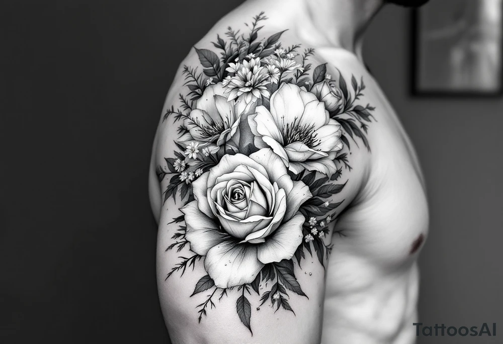 vintage bouquet of wild roses and meadow flowers with morning dew tattoo idea