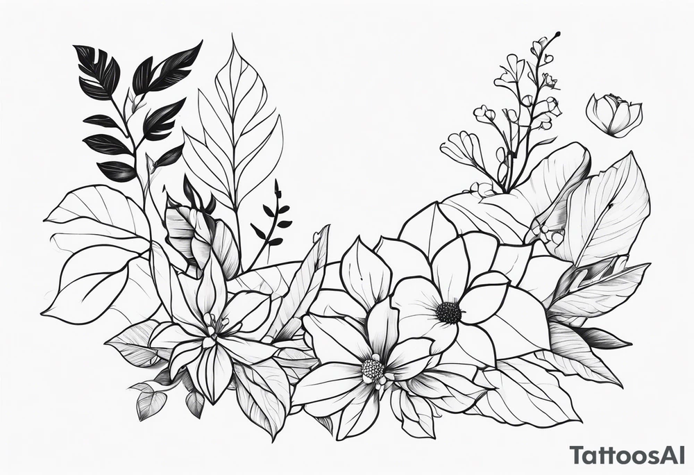 line of leaves and flowers, wraparound leg tattoo idea