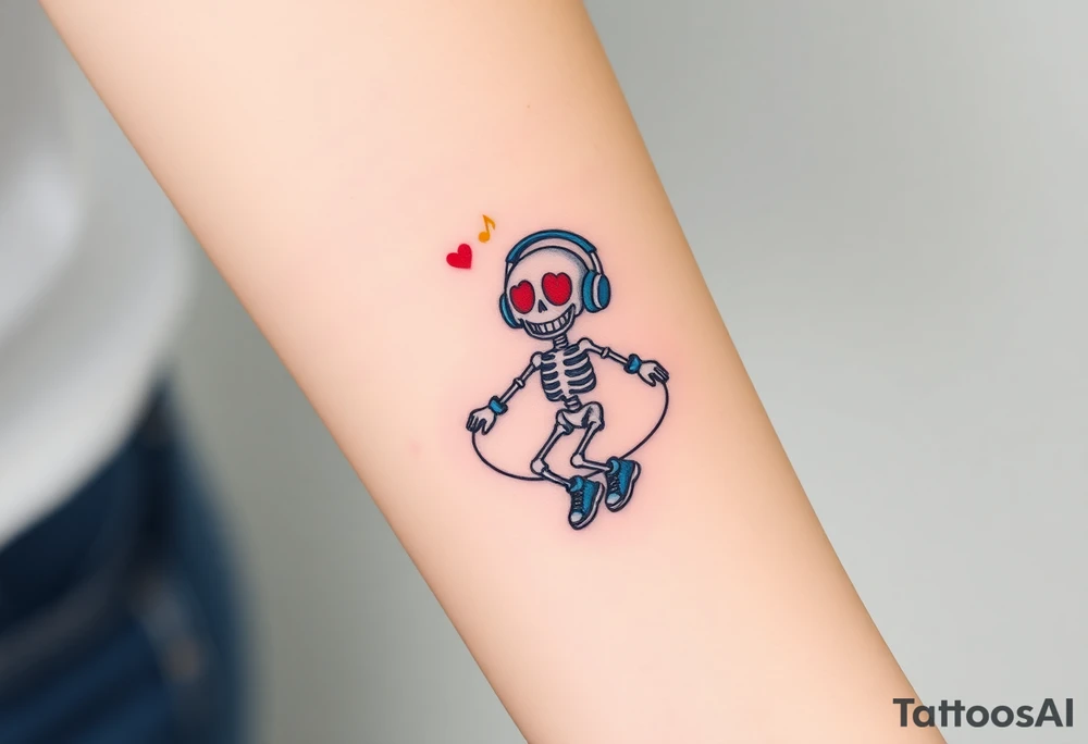 smiley skeleton with red love shape in his eyes jumping on a jump rope with blue headphones and blue armbands and blue sneakers with colorful music notes around his head tattoo idea