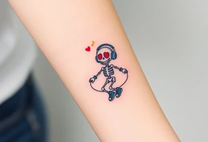 smiley skeleton with red love shape in his eyes jumping on a jump rope with blue headphones and blue armbands and blue sneakers with colorful music notes around his head tattoo idea