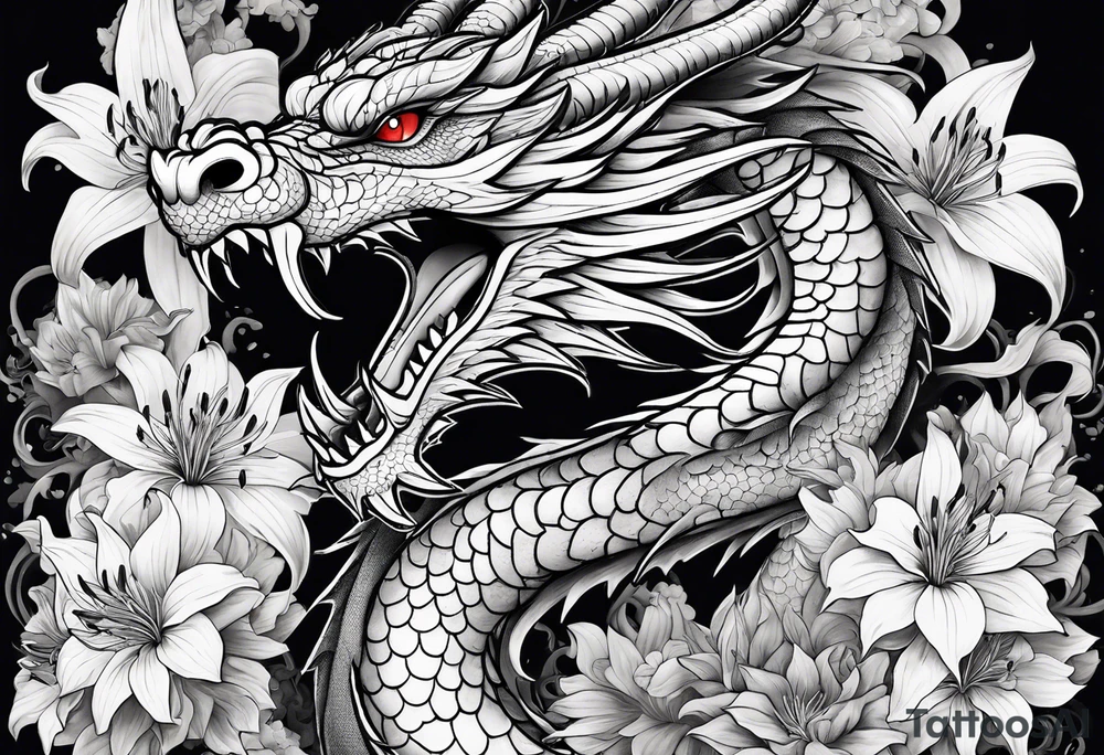 Dragon with Spider lilies surrounding it tattoo idea