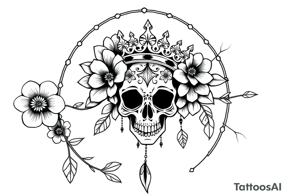 Mandala dream catcher with detailed beautiful gothic boho flowers on vine and skull with gorgeous crown tattoo idea