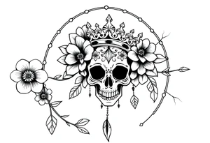 Mandala dream catcher with detailed beautiful gothic boho flowers on vine and skull with gorgeous crown tattoo idea