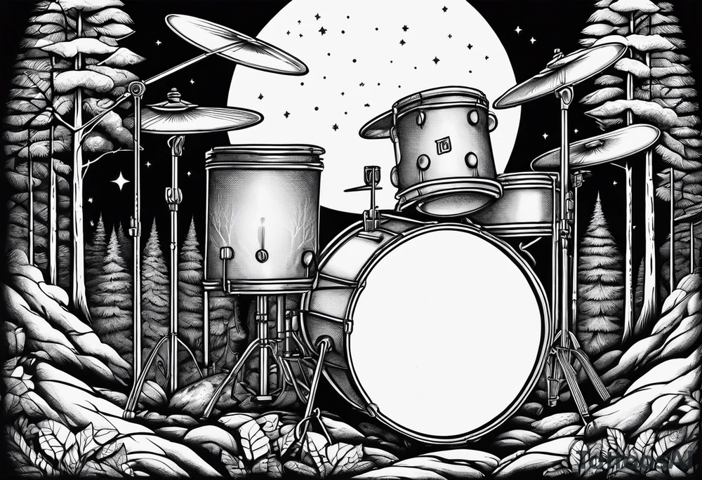 Tool band, drums, acoustic guitar, night, forest tattoo idea