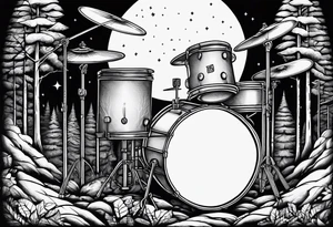 Tool band, drums, acoustic guitar, night, forest tattoo idea