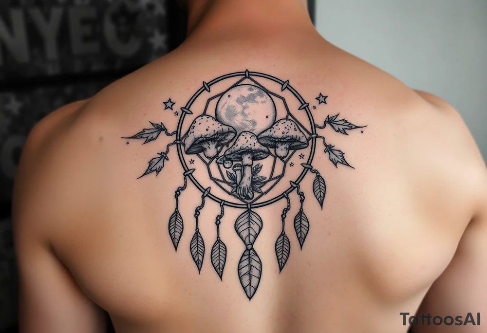 Psychedelic mushrooms inside a dreamcatcher with stars and the moon tattoo idea