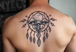 Psychedelic mushrooms inside a dreamcatcher with stars and the moon tattoo idea