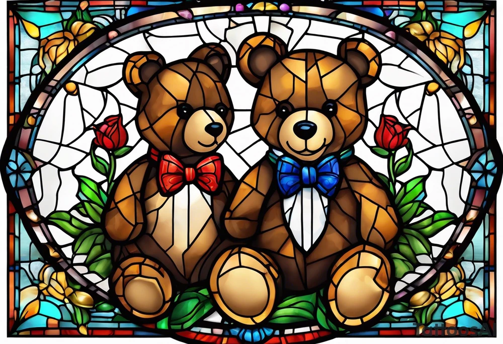 Teddy bear with bow tie stained glass tattoo idea