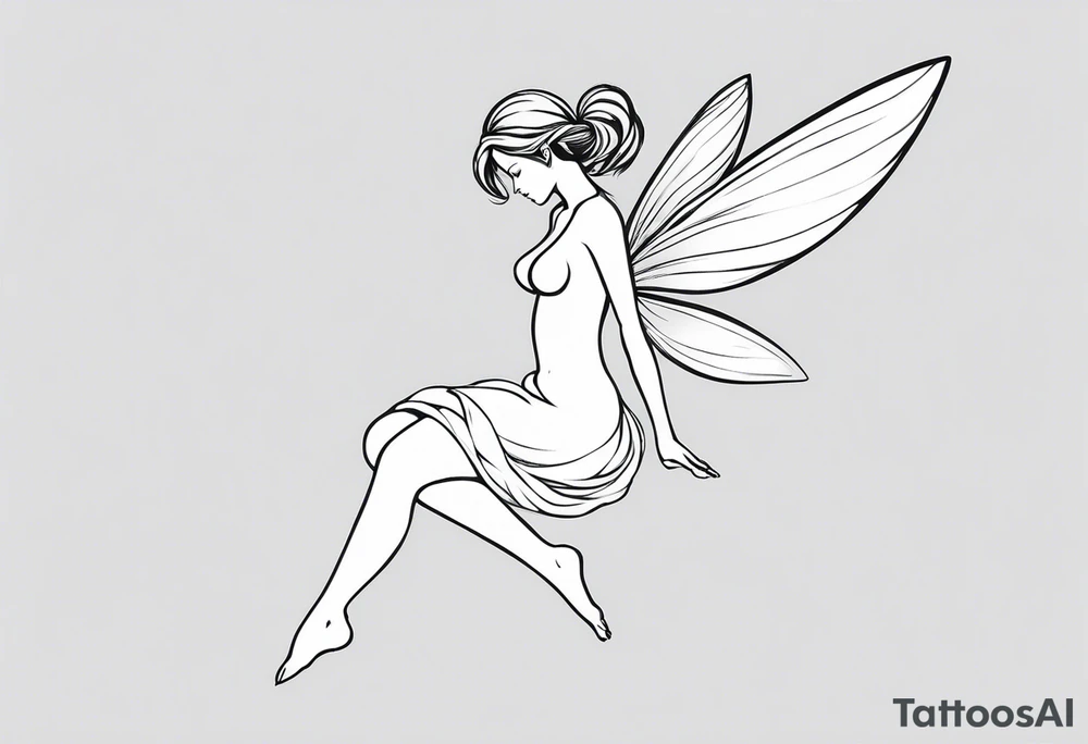 Minimalistic, monochromatic fairy with a tail flying to the left in a fetal position, leaning and looking in the same direction, with visible hands, embodying the 'Fairy Tail' logo aesthetic. tattoo idea