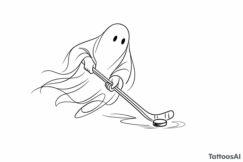 Single line drawing of a ghost stickhandling a puck on ice. tattoo idea