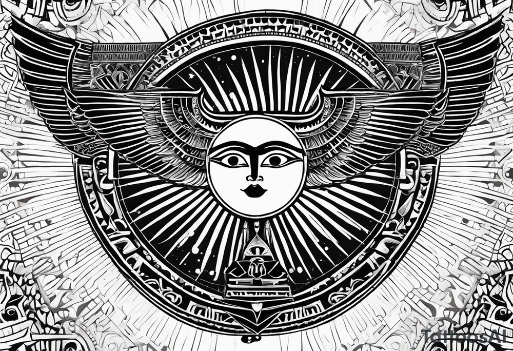 Egyptian winged sun hieroglyphics, solar eclipse, centered tattoo idea