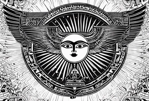 Egyptian winged sun hieroglyphics, solar eclipse, centered tattoo idea