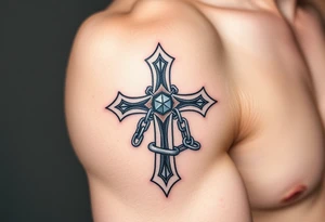 A Gothic cross entwined with chains, in silver and dark metallic tones, symbolizing pain and sacrifice tattoo idea