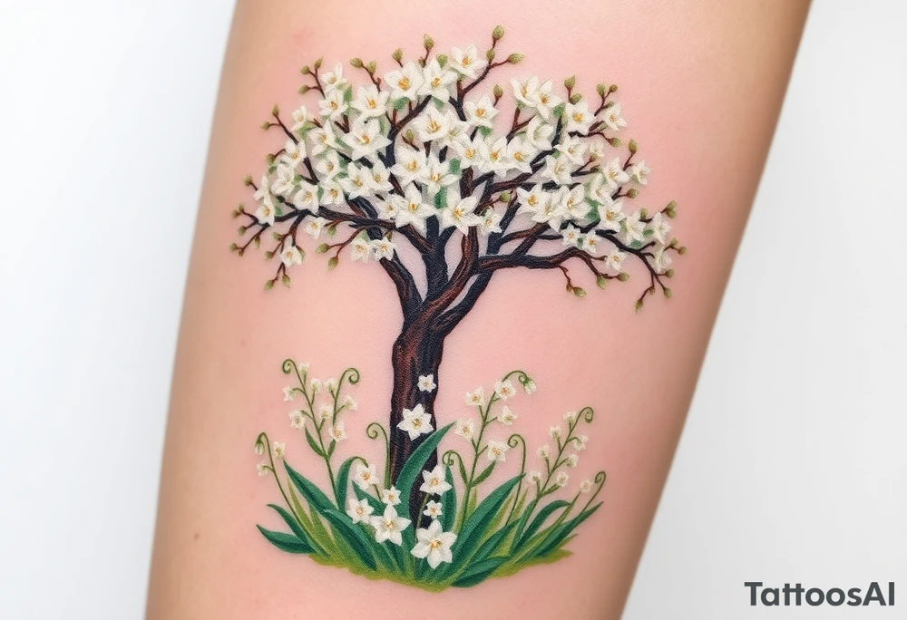 White flowering Lilly of the vally bell plants on the ground underneath a majestic blooming hawthorn tree tattoo idea