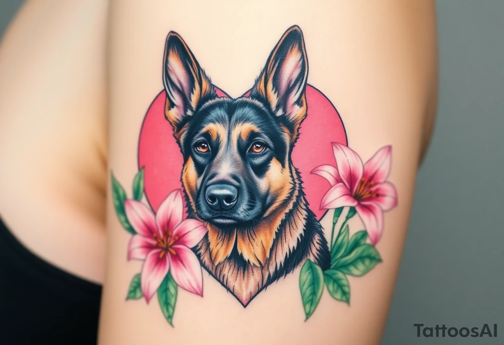 strong short haired german shepherd with alert ears surrounded by pink lilies with large leaves in front of a sacred heart tattoo idea