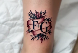 Tattooed Ribbon Monogram – Navy and burgundy “F + G” with a ribbon weaving through the letters like a 3D banner. tattoo idea