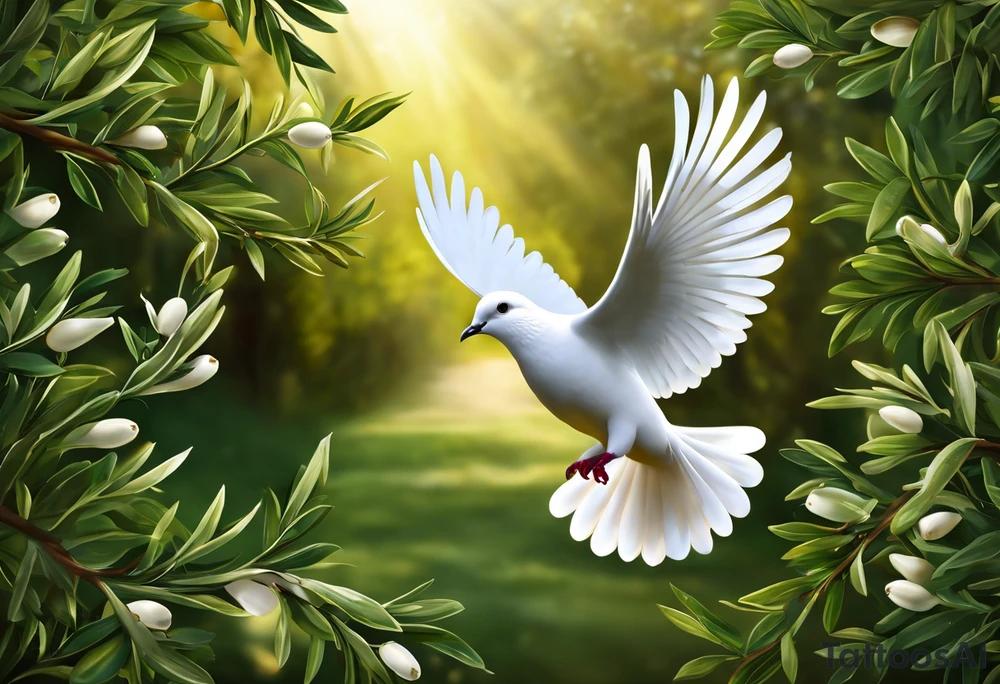 Dove soring through the air clasping an olive branch in its talons. The olive branch is fluttering in the wind with leaves from the branch floating behind the dove. The leaves transform into spear heads the further away from the dove they get. The words 'Si vis Pacem, para bellum' is boldly transcribed underneath the scene tattoo idea