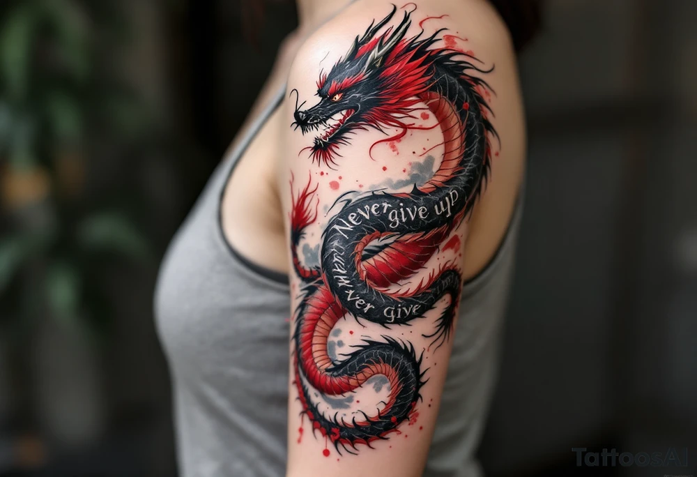 "Never give up" wrapped in the coils of a black and deep red dragon, representing power and perseverance. tattoo idea