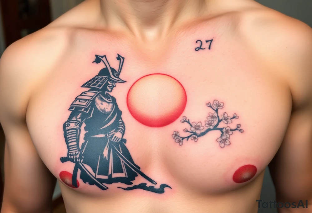 noble samurai warrior silhouette at sunset with cherry blossoms tattoo idea