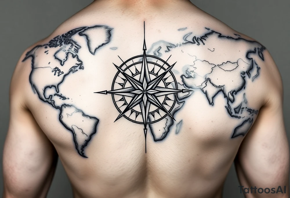 antique compass rose overlaid on weathered world map tattoo idea