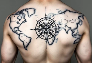 antique compass rose overlaid on weathered world map tattoo idea