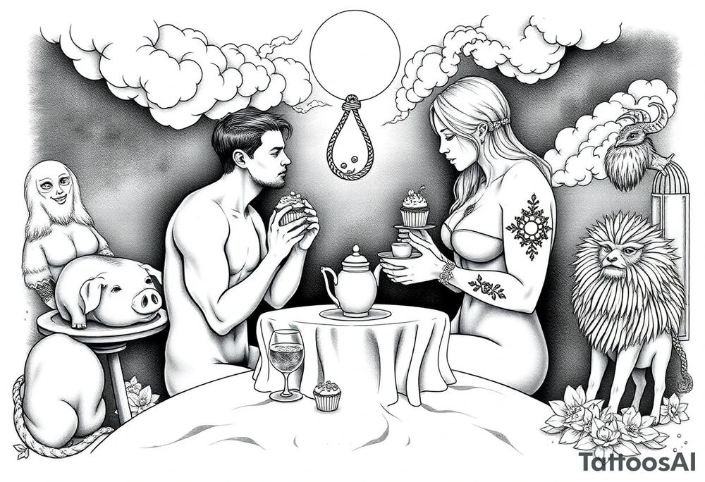 Mystical Naked Man and woman having sex eating cupcakes and  fruit  having sex clouds gothic sexy naked fat lady having a tea party with tea pot at a famcy castle  
with a pigs, peacock, noose, lion, goat, smoking cigerettes looking in the mirror thru storm clouds with razor blades and broken hearts and darkness and wrath, envy , gluttony, greed, sloth, pride kill tattoo idea