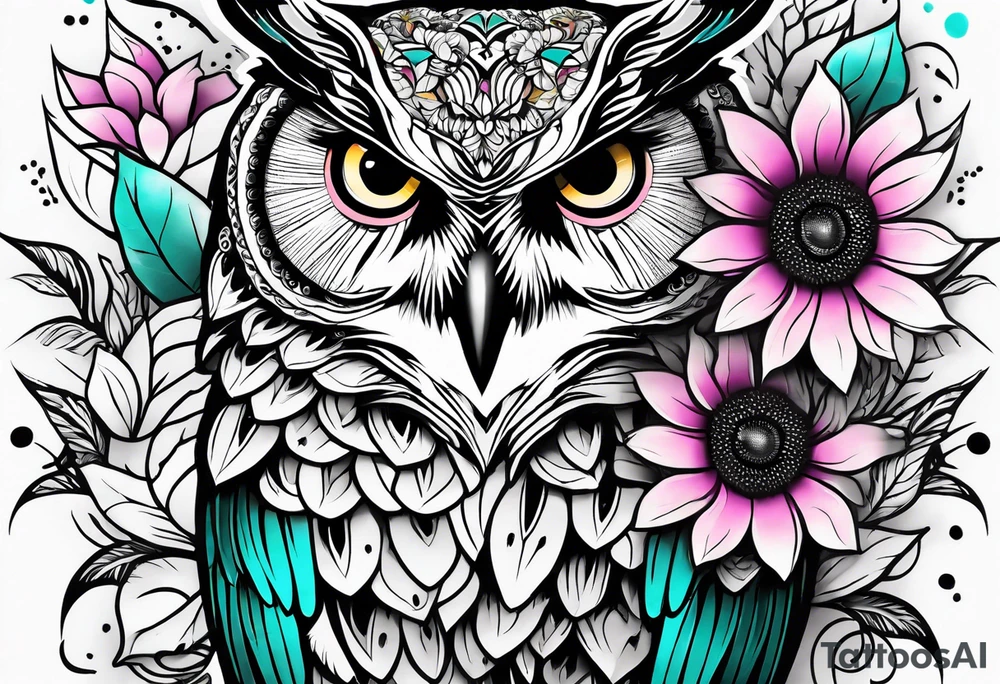 Leg Sleeve with black and white owl that's lightly shaded teal, pink and purple and yellow sunflowers tattoo idea