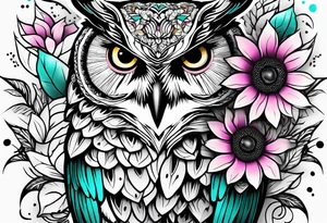 Leg Sleeve with black and white owl that's lightly shaded teal, pink and purple and yellow sunflowers tattoo idea