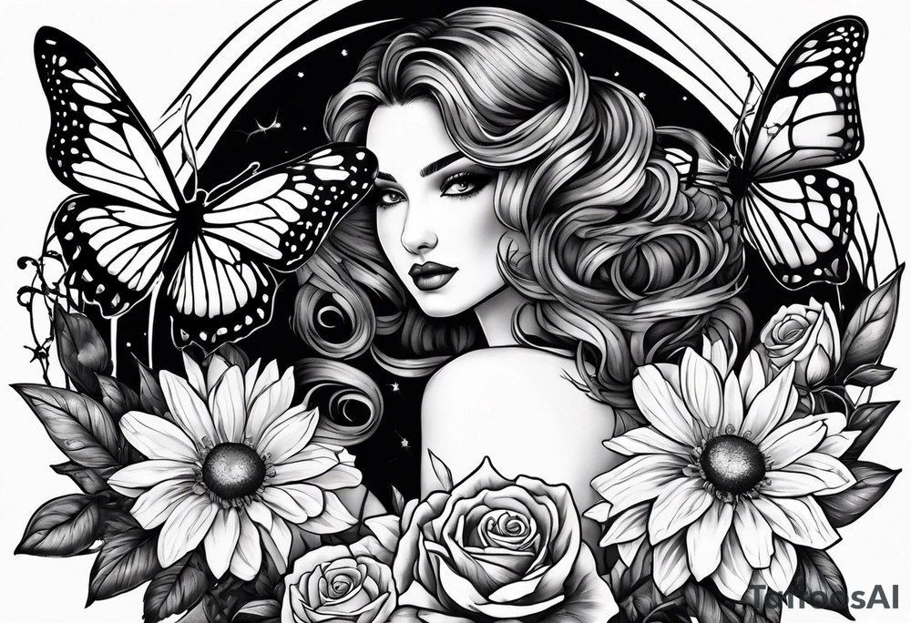 Dark feminine spider butterfly with roses, daisies, marigolds, sweet peas and Cosmos flowers. tattoo idea