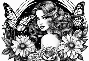 Dark feminine spider butterfly with roses, daisies, marigolds, sweet peas and Cosmos flowers. tattoo idea