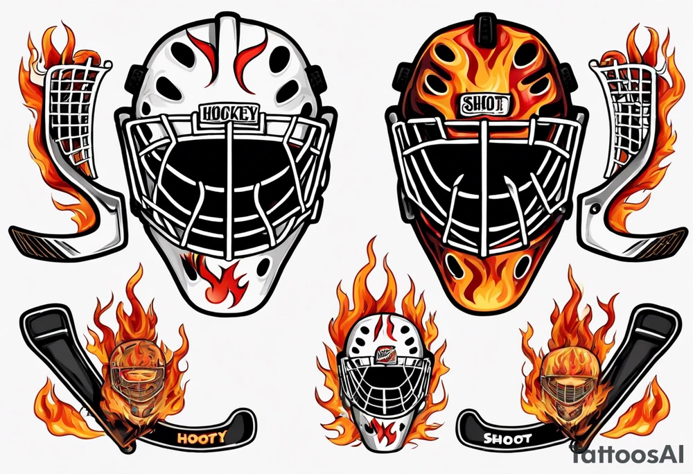 a goalie mask and crossed hockey sticks with flames that says "SHOT HOCKEY" tattoo idea