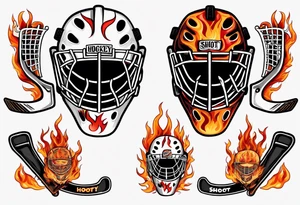 a goalie mask and crossed hockey sticks with flames that says "SHOT HOCKEY" tattoo idea