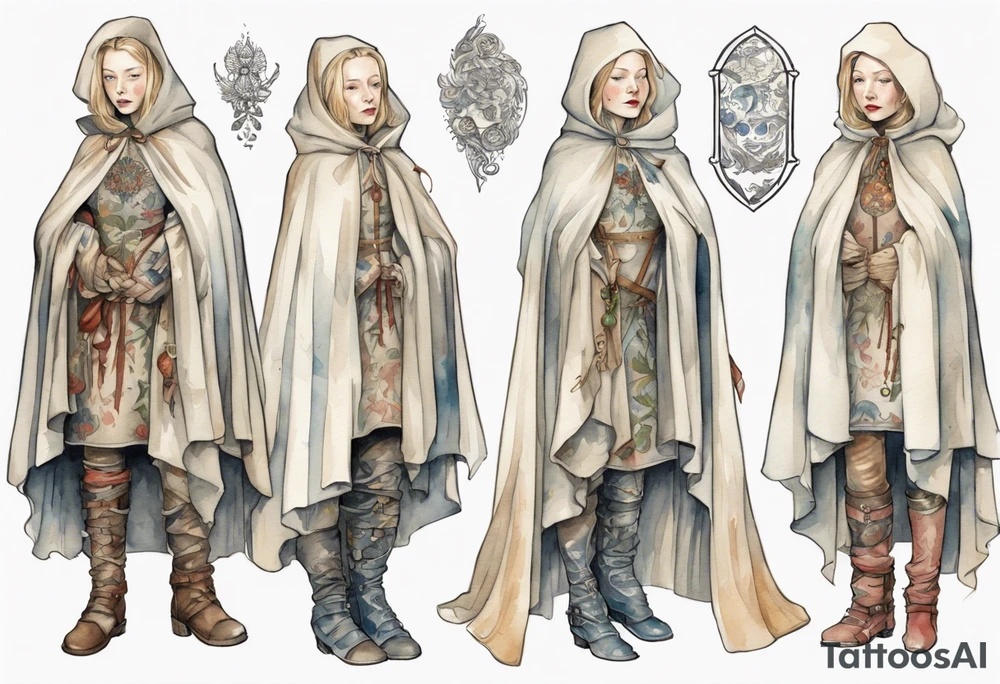 Cate Blanchette wearing white medieval cloak and boots tattoo idea