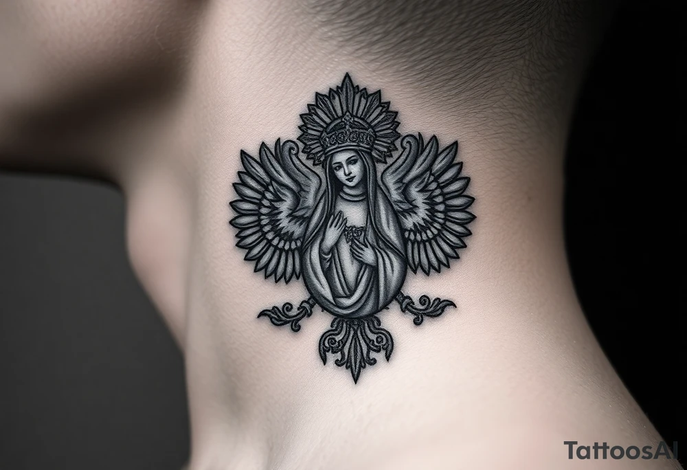 russian coat arms in a christian orthodox style virgin mary on the side of the neck tattoo idea