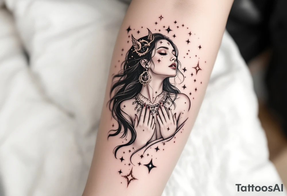 A celestial maiden in shimmering rose gold releases the Virgo constellation like stardust into the sky. tattoo idea