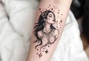A celestial maiden in shimmering rose gold releases the Virgo constellation like stardust into the sky. tattoo idea