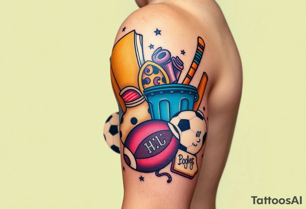 Childhood memories of a book, a bucket and spade, a football, a cricket bat, a teabag, a biscuit, a comic, a cartoon from the album Dookie tattoo idea