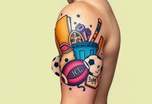 Childhood memories of a book, a bucket and spade, a football, a cricket bat, a teabag, a biscuit, a comic, a cartoon from the album Dookie tattoo idea