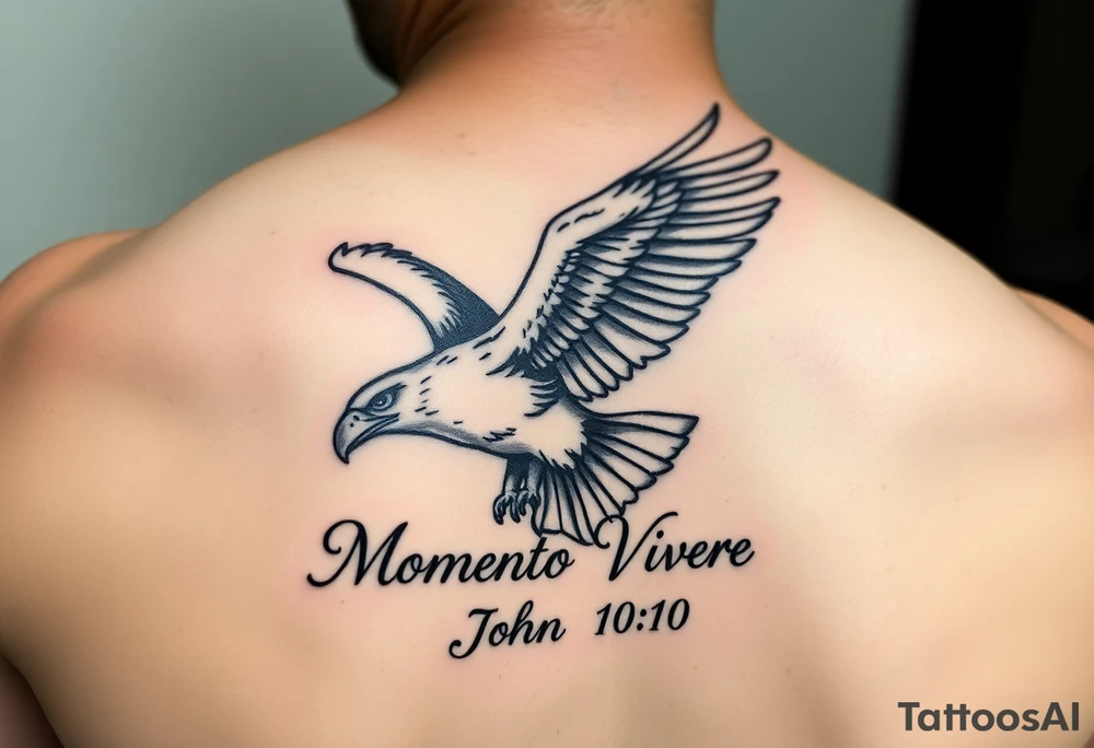 majestic eagle in flight, the words Momento Vivere and John 10:10 tattoo idea