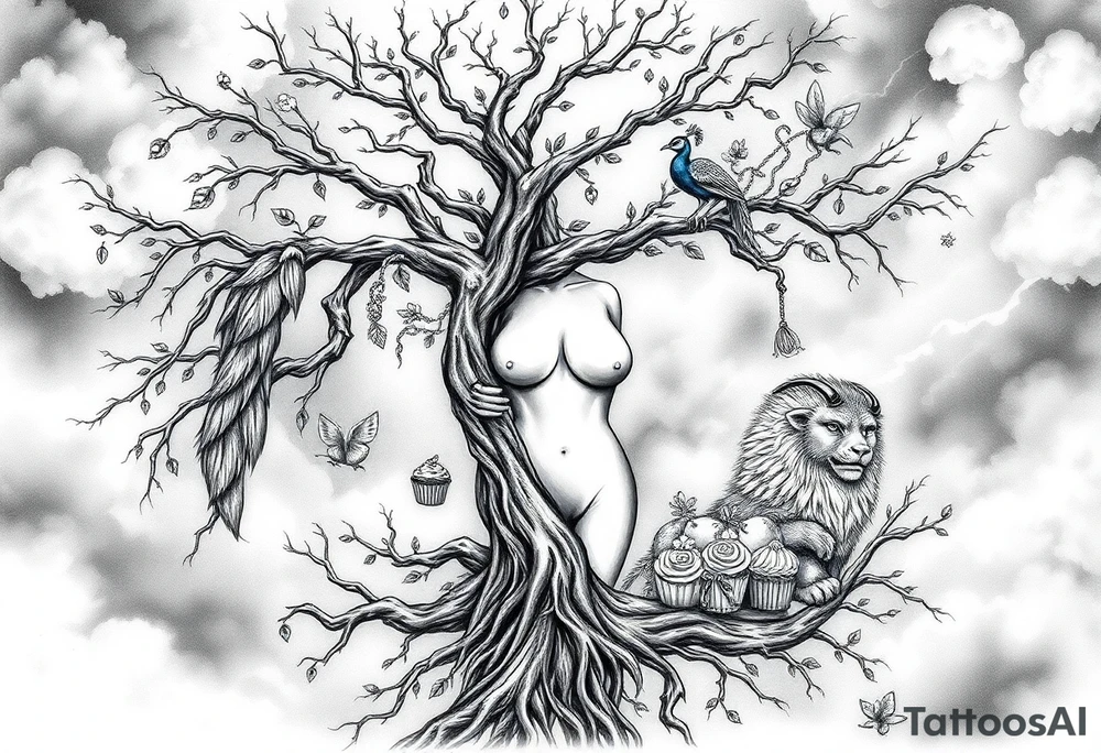 mystical tree  with cosmic  branches fat naked sexy woman , peacock , pig , cupcakes, liquor, cigerette, Storm clouds, pig, peacock , fat sexy naked fat woman, cupcakes, noose , money, goat lion, couple having sex toys pussy dicks, cigerette storm lightening, killing, darkness death, violent majestic creatures and fat naked girl tattoo idea