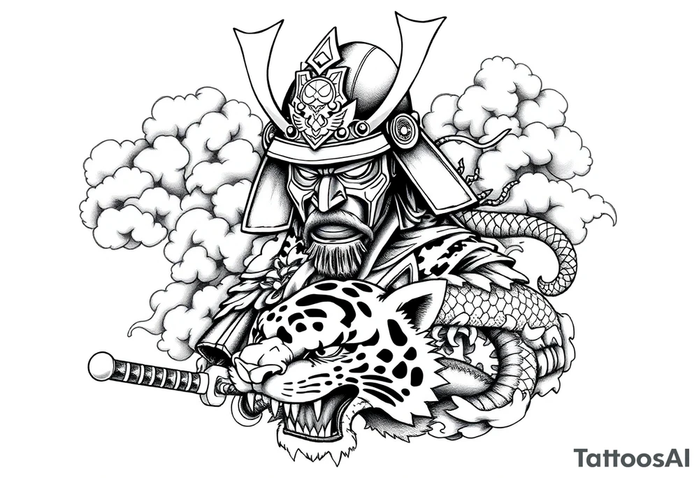 samurai warrior wearing a helmet. Some clouds around, with a tiger’s head beneath, and a samurai sword. This should be a good tattoo for forearm. Add a dragon going around them tattoo idea